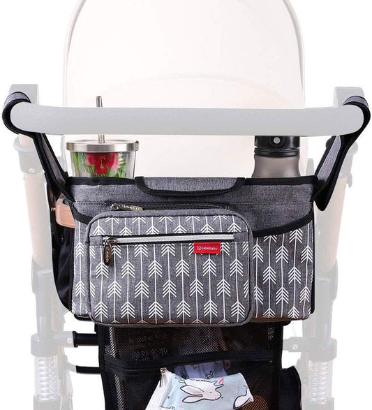 Arrow Print Grey Universal Stroller Organizer Accessory with Cup Holders, 7 Compartments, Grey