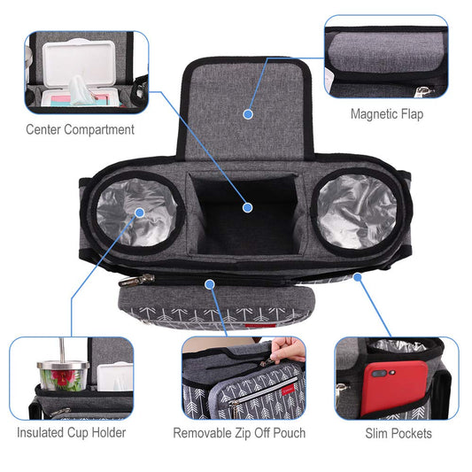 Arrow Print Grey Universal Stroller Organizer Accessory with Cup Holders, 7 Compartments, Grey